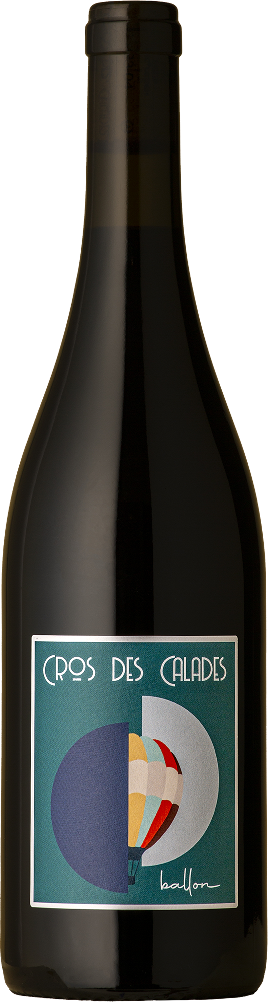 Bottle of wine with a colourful half air balloon label with a white border