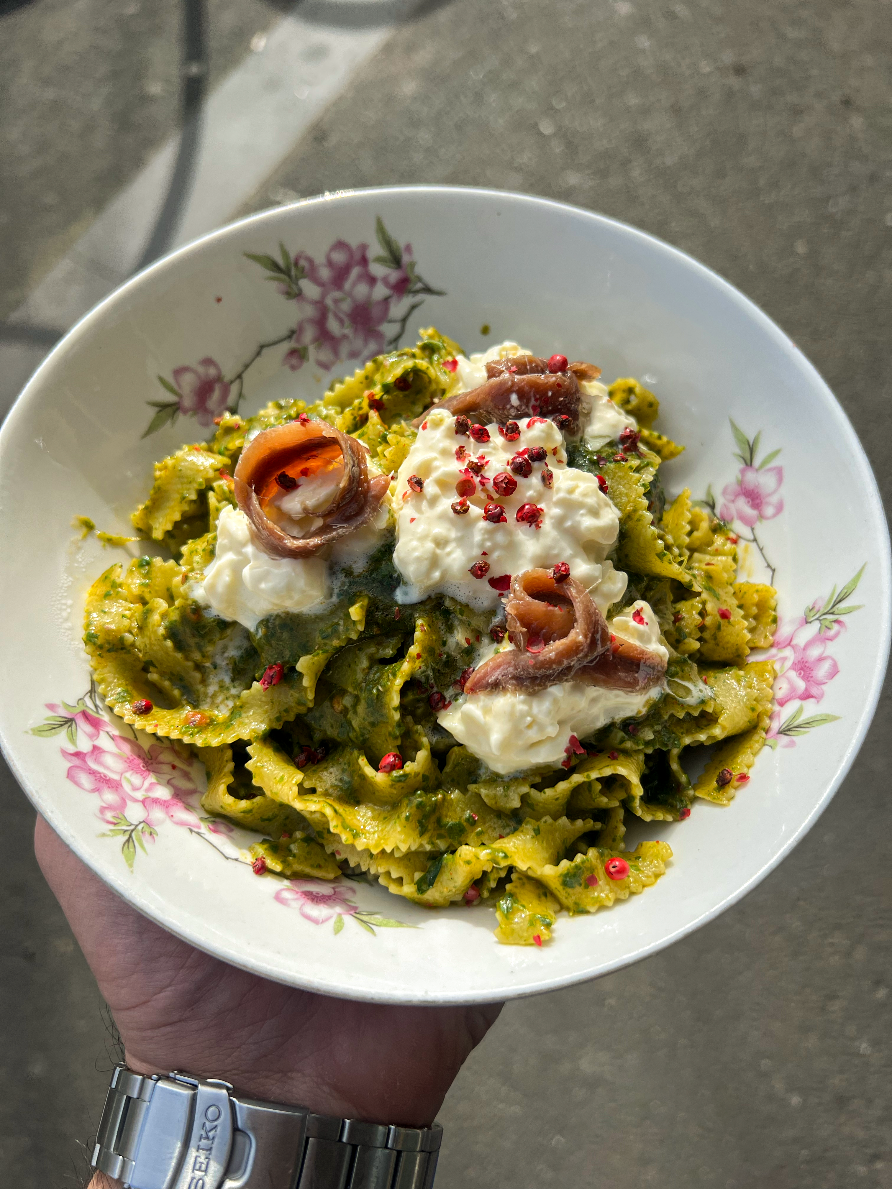 Photo of Mafaldine with Cime di Rapa Pesto, Anchovies, Stracciatella & Pink Peppercorn taken out the front of their Carlton restaurant.